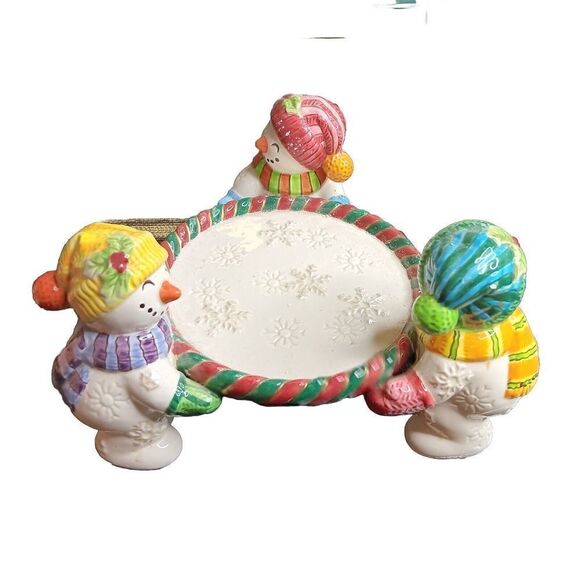 Fitz &Floyd Snowman Pillar Candle Holder Christmas Winter Holiday Snow Ceramic - Picture 1 of 16